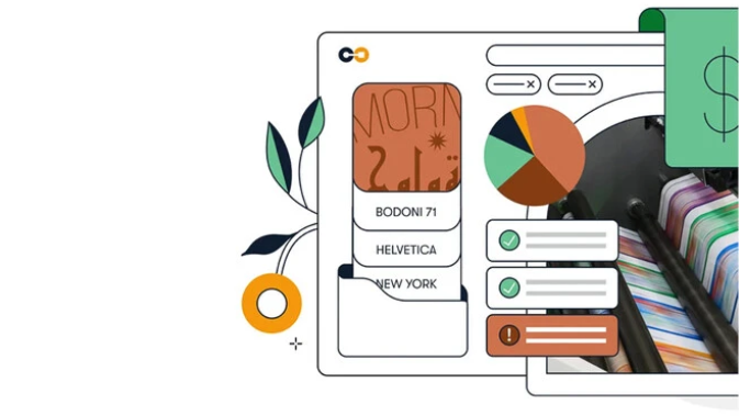 Illustration showing font workflow with typography, pie chart, checklist, and file tabs