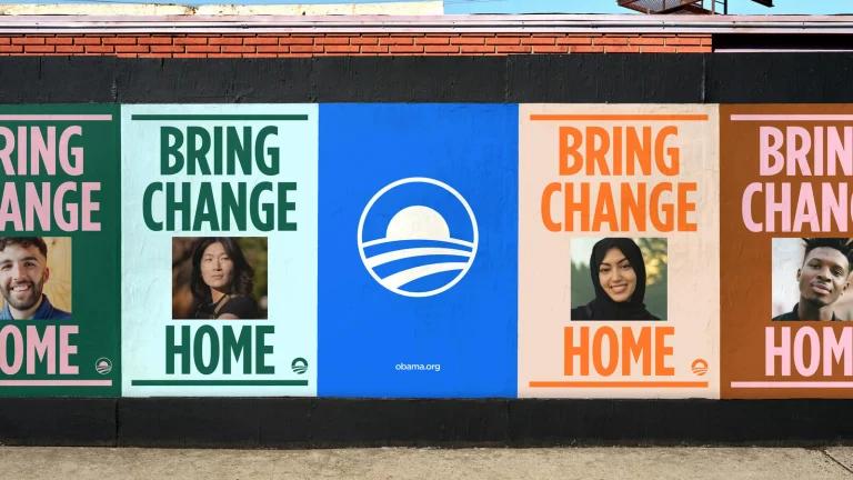 「BRING CHANGE HOME」街头海报墙，多种配色与人物肖像