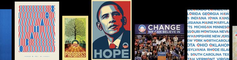 奥巴马竞选系列海报：PROGRESS、HOPE、CHANGE WE CAN BELIEVE IN，以及各州名称的文字排版