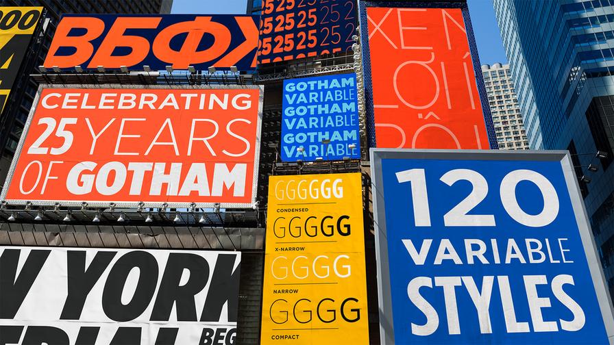 纽约街头的 Gotham 25 周年户外广告牌，展示 Gotham Variable
